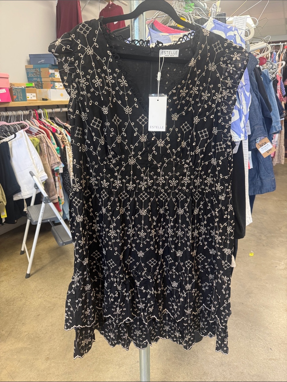 Estelle Black Embroidered Tiered Midi Dress